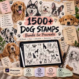 1500+ hundstämplar för Procreate | Raser, poser, silhuetter (digital nedladdning)