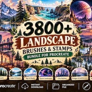 Op de afbeelding: Een digitaal pakket met meer dan 3800 landschapspenselen en stempels voor Procreate, met een collage van diverse scènes zoals bergen, bossen, stadsgezichten, ruimtelandschappen en architectuur, voorzien van tekstlabels voor elke categorie.