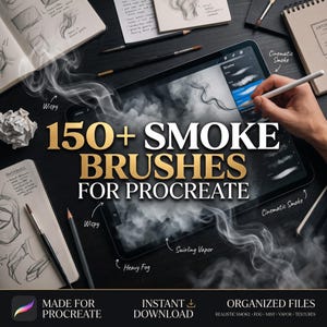 May include: A digital tablet displaying a Procreate interface with smoke effects, featuring the text 150+ SMOKE BRUSHES FOR PROCREATE. The screen shows various smoke textures labeled as Wispy, Cinematic Smoke, Heavy Fog, and Swirling Vapor.