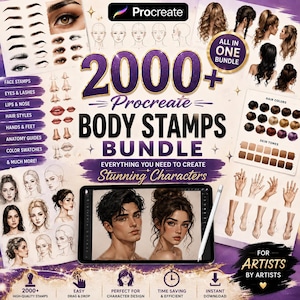 Könnte beinhalten: Ein digitales Kunstpaket für Procreate mit über 2000 Körperstempeln, darunter Augen, Wimpern, Lippen, Nasen, Frisuren, Hände und Füße. Das Set enthält Anatomie-Anleitungen, Farbfelder und Hauttöne für das Charakterdesign.