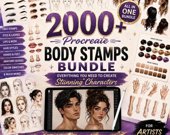 Procreate Body Stamps Bundle | Face, Hair, Eyes, Lips, Hands, Feet Anatomy Brushes (Digital Download)