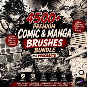 May include: A digital product bundle for Procreate featuring 4500+ premium comic and manga brushes. The graphic includes anime-style character illustrations, various ink textures, screentones, speed lines, speech bubbles, and background samples.