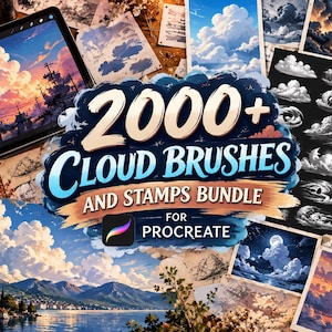 May include: A digital art bundle for Procreate featuring 2000+ cloud brushes and stamps. The display shows various cloud illustrations, including sunset skies, night scenes with moons, and black and white cloud sketches on a tablet screen.
