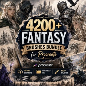 Puede incluir: Un anuncio de producto digital para un paquete de 4200+ pinceles de fantasía para Procreate. La imagen muestra ilustraciones de elfos, caballeros, castillos y dragones, con el texto 4200+ FANTASY BRUSHES BUNDLE for Procreate.