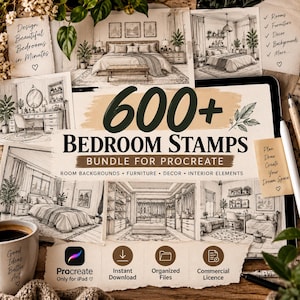 May include: A digital product bundle for Procreate featuring 600+ bedroom stamps, including room backgrounds, furniture, decor, and interior elements. The display shows various black and white line art sketches of bedroom interiors and a stylus pen.