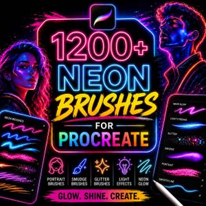 Könnte beinhalten: Eine digitale Grafik mit dem Text 1200+ NEON BRUSHES FOR PROCREATE in neonfarbenen pinken, blauen und gelben Buchstaben. Das Design enthält Porträts mit leuchtenden Umrissen, Pinselstrichproben sowie Symbole für Porträt-, Wisch-, Glitzer-, Lichteffekt- und Neonglanz-Werkzeuge.