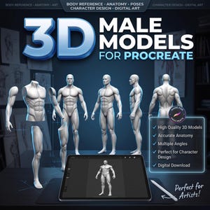 Può includere: Una risorsa di arte digitale con modelli 3D per Procreate. L'immagine mostra diverse figure anatomiche bianche in varie pose, un tablet che mostra un modello 3D e uno stilo. Il testo include 3D MALE MODELS FOR PROCREATE.