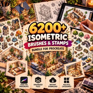 Op de afbeelding: Een digitaal kunstpakket voor Procreate met meer dan 6200 isometrische penselen en stempels. De weergave toont diverse architecturale ontwerpen, kamerindelingen en landschapselementen met de tekst 6200+ ISOMETRIC BRUSHES & STAMPS.