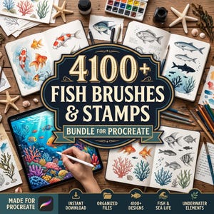 Peut inclure: Un ensemble d'art numérique pour Procreate comprenant plus de 4100 pinceaux et tampons de poissons. L'image montre une tablette affichant une illustration de récif corallien sous-marin, entourée de carnets de croquis avec des dessins de poissons.