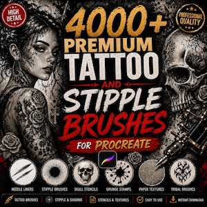 May include: A digital collection of 4000+ premium tattoo and stipple brushes for Procreate, featuring a portrait of a person with floral tattoos, a skull, and a tattoo machine. Includes icons for needle liners, stipple, skull, grunge, and tribal.