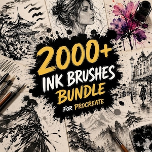 May include: A digital collection of 2000+ ink brushes for Procreate, featuring a central black ink splatter graphic with the yellow text 2000+ INK BRUSHES BUNDLE FOR PROCREATE, surrounded by various black and white ink illustrations.