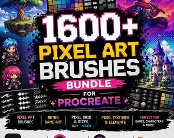 Pixel Art Brushes for Procreate, 1600 Retro 8 Bit Game Art Tools and Grids