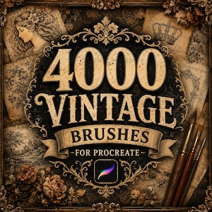 Puede incluir: Un gráfico digital con el texto 4000 VINTAGE BRUSHES FOR PROCREATE en un marco dorado decorativo. El fondo muestra ilustraciones en tono sepia de una mujer, una corona y rosas, con tres pinceles colocados en el lado derecho.