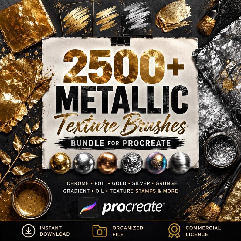 2500+ Metallic Texture Brushes for Procreate | Chrome, Foil, Gold, Silver & Metal Effects image 1