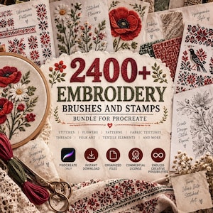 Könnte beinhalten: Ein digitales Produktpaket für Procreate mit über 2400 Stickerei-Pinseln und Stempeln. Die Darstellung umfasst gestickte Blumenmotive, rot-schwarze Volkskunst-Muster, Stofftexturen und Text mit Details zu Funktionen wie dem Sofort-Download.
