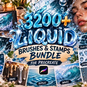 May include: A digital art asset collection titled 3200+ LIQUID BRUSHES & STAMPS BUNDLE FOR PROCREATE. The graphic features blue water splashes, bubbles, drips, ripples, waves, and liquid shapes, showcasing various textures and fluid effects.