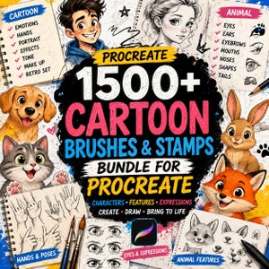 May include: A digital product bundle for Procreate featuring 1500+ cartoon brushes and stamps. The design includes illustrations of a boy, a girl, a puppy, a kitten, a rabbit, and a fox, alongside sketches of hands, eyes, and animal features.