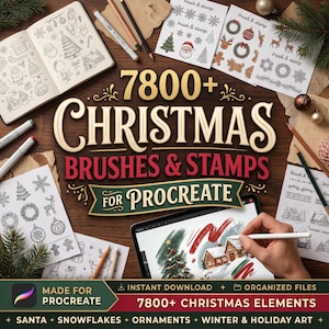 May include: A digital art set featuring 7800+ Christmas brushes and stamps for Procreate, displayed with printed reference sheets of holiday icons like Santa, snowflakes, and trees, alongside a tablet showing a festive winter scene.