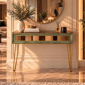 May include: A rectangular console table with a dark glass top and a teal-coloured frame featuring a central mirrored panel. The table is supported by four thin, gold-toned metal hairpin legs and holds a white vase, books, and a diffuser.