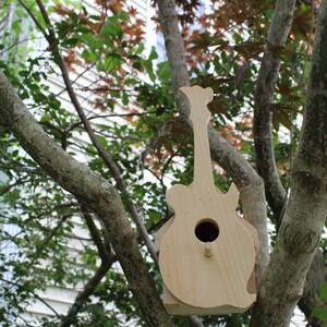 May include: A wooden birdhouse shaped like a guitar, hanging from a tree branch. The birdhouse is painted in a natural wood color and has a round hole for the birds to enter.
