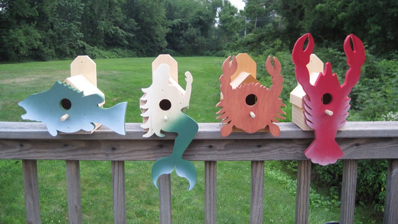 Mermaid, Lobster, Crab Bass Bird House Bird House for small songbirds Seaside Decor Any Occasion Gift Father's Day Gift Fisherman Gift image 1