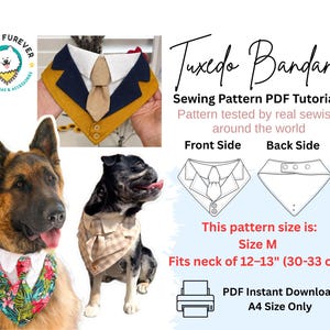 Könnte beinhalten: Eine PDF-Nähanleitung für ein Smoking-Halstuch, mit einem Deutschen Schäferhund mit Blumenmuster, einem Mops mit Karomuster und einem senfgelben Smoking-Halstuch. Enthält Vorder- und Rückseiten-Diagramme, Größe M, 30-33 cm.