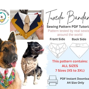 May include: A sewing pattern PDF tutorial for a tuxedo bandana for dogs. The image displays a finished mustard yellow, navy blue, and white tuxedo bandana with a tie, a floral bandana on a German Shepherd, and a plaid bandana on a small dog.