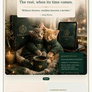 May include: A digital marketing graphic for Adazoie featuring two kittens in green sweaters, a dark green book, a mug with a gold heart, and text including "I left you something that grows as it is opened and written" and "365 Days With You."