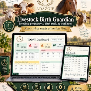 Pode incluir: Um livro de exercícios digital para rastreamento de nascimento de gado exibido em uma tela de laptop e tablet. A interface mostra um painel com dados de saúde animal, registros de nascimento e atualizações de status com o logotipo Adazoie.