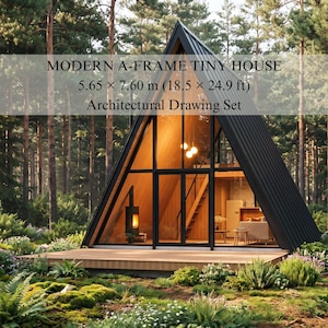 May include: A modern A-frame tiny house architectural drawing set featuring a black metal roof, large glass windows, and a wooden deck. The text reads: MODERN A-FRAME TINY HOUSE, 5.65 x 7.60 m (18.5 x 24.9 ft), Architectural Drawing Set.