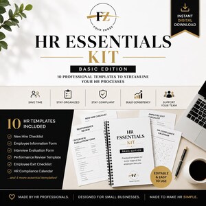 May include: A digital HR Essentials Kit Basic Edition featuring 10 professional templates. The document set includes a spiral-bound manual, checklists, and forms for new hires, performance reviews, and compliance, displayed with a pen and laptop.