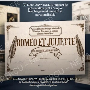 Może przedstawiać: Cyfrowy zestaw prezentacyjny dla Romea i Julii, zawierający centralny slajd z tytułem ROMEO ET JULIETTE, ozdobne ilustracje piór i pola tekstowe. Projekt zawiera kilka podglądów slajdów z treściami edukacyjnymi oraz różnymi diagramami.