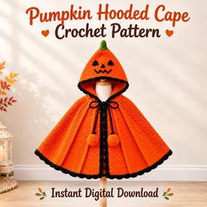 Puede incluir: Una capa con capucha de ganchillo naranja que presenta una cara de calabaza en la capucha, un tallo verde en la parte superior y un borde negro con lazos y pompones negros. El texto dice Pumpkin Hooded Cape Crochet Pattern Instant Digital Download.
