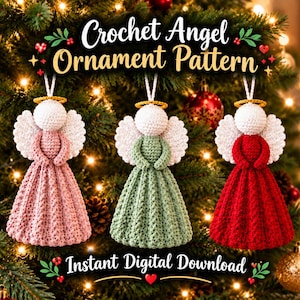 Peut inclure: Trois anges en crochet en rose, vert sauge et rouge, chacun avec une tête blanche, des ailes blanches et une auréole dorée. Le texte Crochet Angel Ornament Pattern et Instant Digital Download est affiché en lettres blanches et dorées.