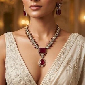 May include: A gold-toned necklace and matching drop earrings set featuring deep red rectangular and teardrop-shaped stones. The necklace includes a central rectangular pendant with a dangling teardrop stone, surrounded by small white beads and clear accents.