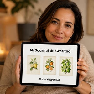 Puede incluir: Una tableta digital que muestra una pantalla blanca con el texto Mi Journal de Gratitud en la parte superior y 30 días de gratitud en la parte inferior. El centro presenta tres ilustraciones botánicas de estilo vintage de cítricos: limones, naranjas y limas.