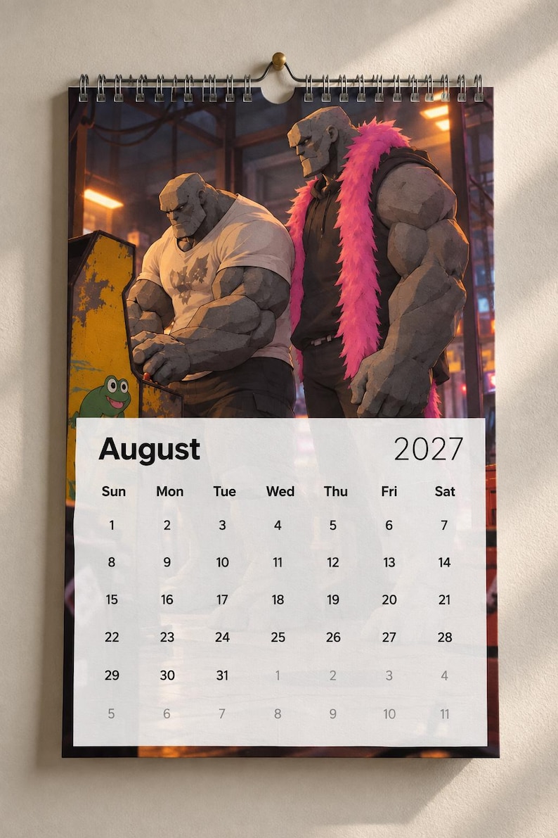 May include: A wall calendar for August 2027 featuring an illustration of two muscular, gray-skinned figures. One figure wears a white t-shirt at an arcade machine, while the other wears a black hoodie with a bright pink feather boa.