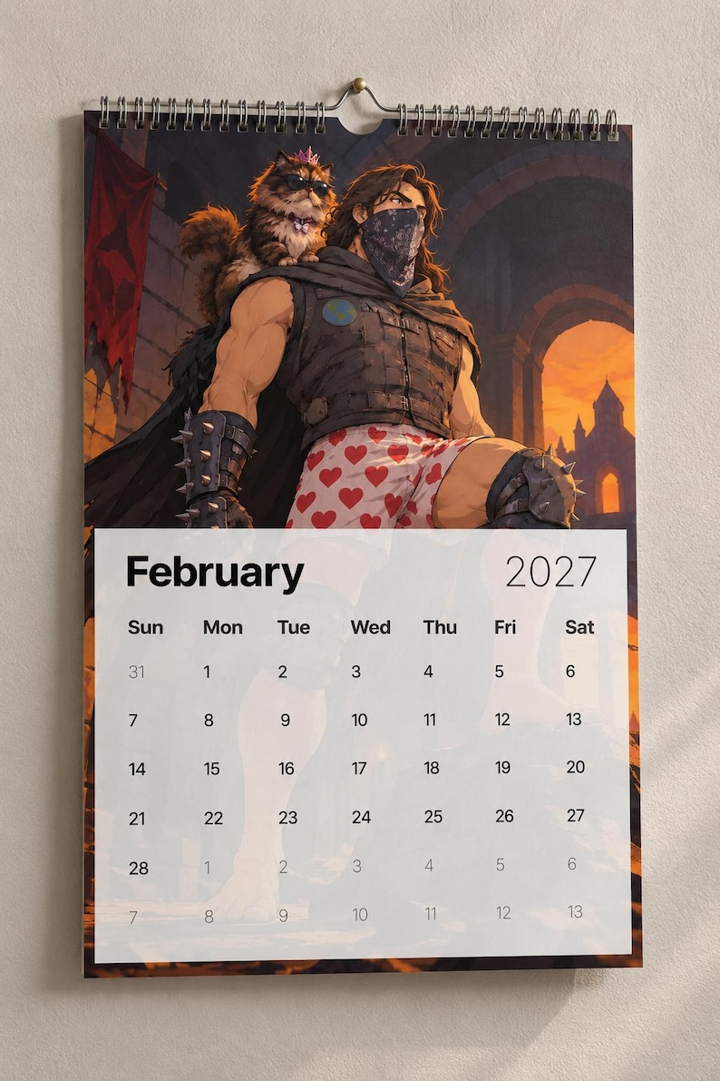 May include: A wall calendar for February 2027 featuring an illustration of a muscular figure wearing a dark vest, spiked arm guards, and heart-patterned boxers, with a fluffy cat wearing a crown and sunglasses perched on their shoulder.
