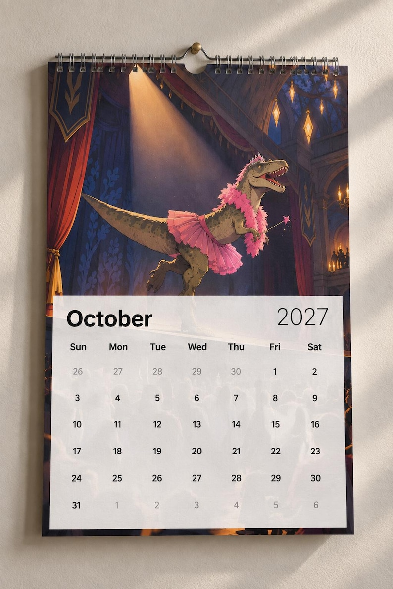 May include: A wall calendar for October 2027 featuring an illustration of a Tyrannosaurus rex wearing a pink tutu, a pink feather boa, and a small crown while holding a star-tipped wand on a stage with red curtains and warm lighting.