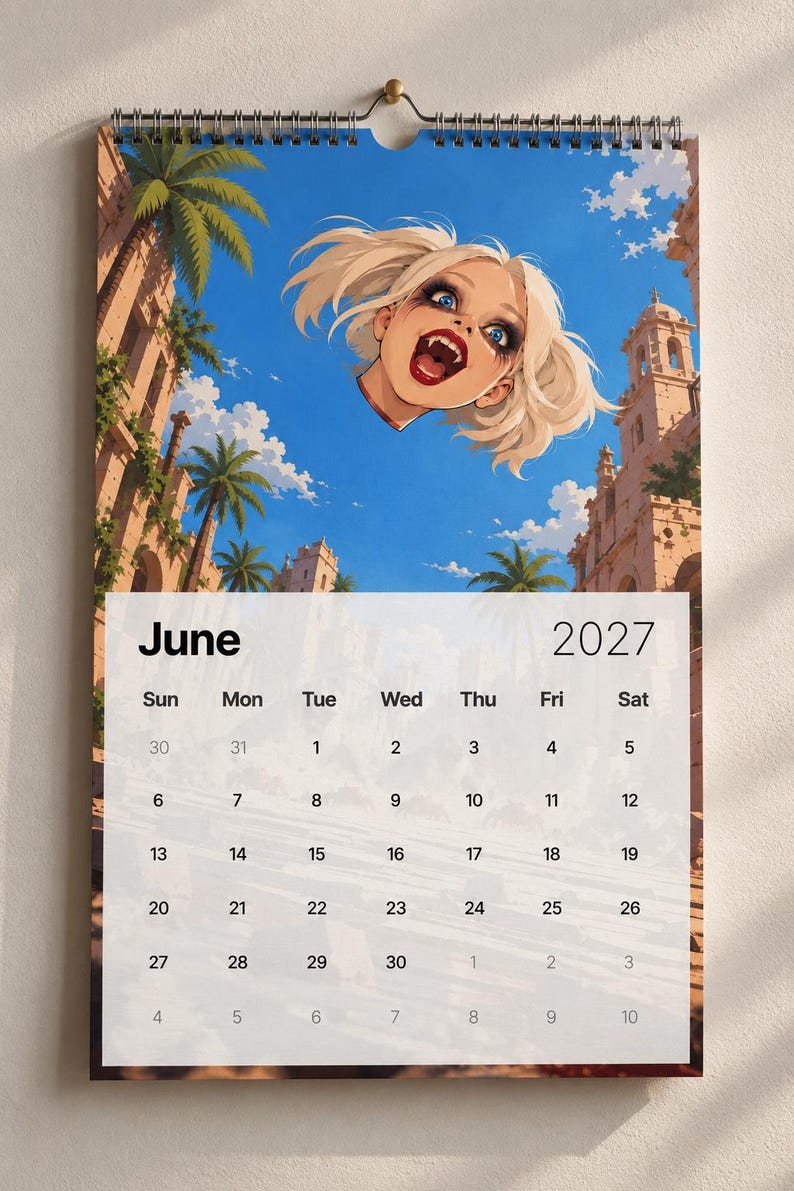 May include: A wall calendar for June 2027 featuring a spiral binding at the top. The illustration depicts a floating head with blonde hair, blue eyes, and visible fangs against a bright blue sky, palm trees, and stone ruins. The calendar grid is white.