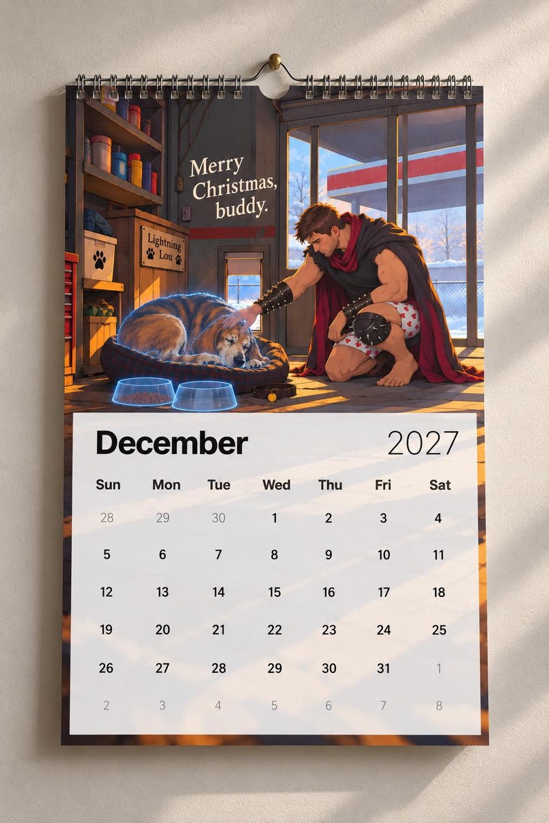 May include: A December 2027 wall calendar featuring an illustration of a person kneeling to pet a dog in a garage. The text reads Merry Christmas, buddy. The calendar grid displays the month, year, and days of the week with dates from 28 to 31.