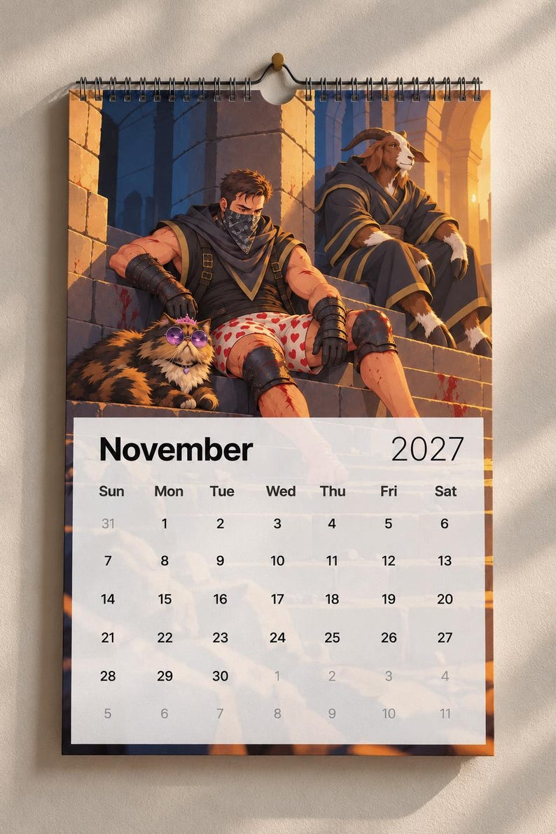 May include: A wall calendar for November 2027 featuring an illustration of a muscular person in a black bandana and heart-patterned boxers sitting on stone steps next to a fluffy cat wearing purple sunglasses and a small pink crown, with a goat-headed figure.