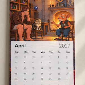 May include: A wall calendar for April 2027 featuring an illustration of a person sitting on a wooden chair next to a cat, facing an anthropomorphic mouse holding a small pot in front of a stone fireplace within a room with bookshelves.