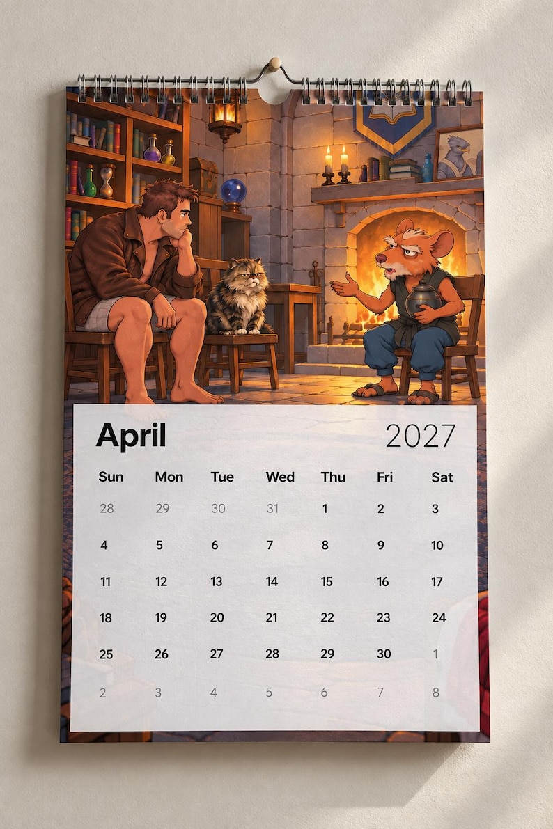 May include: A wall calendar for April 2027 featuring an illustration of a person sitting on a wooden chair next to a cat, facing an anthropomorphic mouse holding a small pot in front of a stone fireplace within a room with bookshelves.