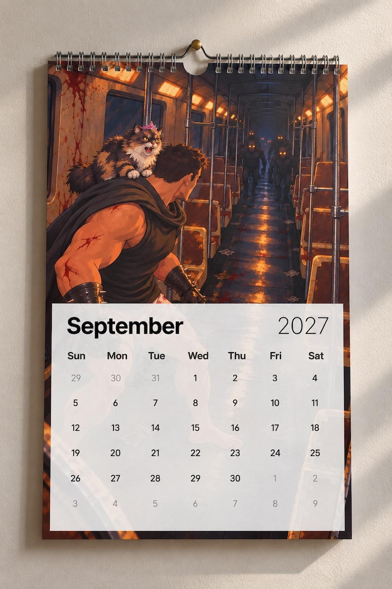 May include: A wall calendar for September 2027 featuring an illustration of a muscular figure with a cat wearing a pink crown on their shoulder, standing in a subway car facing glowing-eyed creatures. The calendar grid displays the month and year.