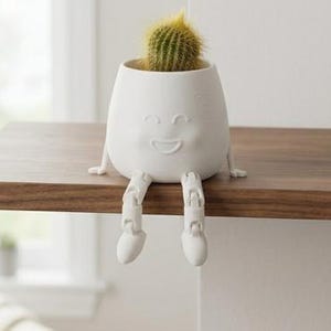 May include: A white ceramic planter shaped like a seated figure with a smiling face, dangling articulated legs, and small arms resting on the surface. A small, round, green, spiky cactus is planted inside the hollow top of the white container.
