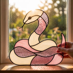 May include: A stained glass suncatcher shaped like a coiled snake. The piece features alternating sections of smooth cream-coloured glass and textured, translucent pink glass, all held together by dark metal solder lines forming the snake's body.