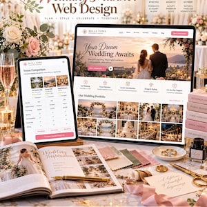 May include: A digital display showing a wedding planner website design, a tablet with a venue comparison chart, an open inspiration book, fabric swatches, gold scissors, and two rings. The text includes Wedding Planner Web Design and Bella Vows.