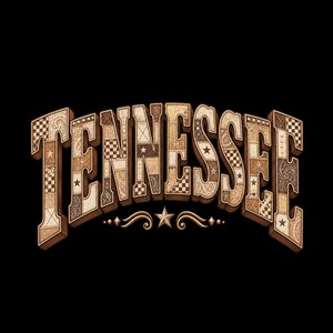 Puede incluir: La palabra TENNESSEE está escrita en grandes letras de bloque tridimensionales con un patrón de patchwork en tonos bronceado y marrón que presenta estrellas, cuadros y remolinos. Debajo del texto hay una pequeña estrella de cinco puntas con adornos dorados.