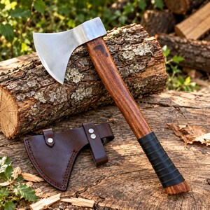 May include: A hand axe with a polished silver metal head and a smooth brown wooden handle. The bottom of the handle features a black wrapped grip. A dark brown leather sheath with two silver metal rivets is positioned next to the axe head.